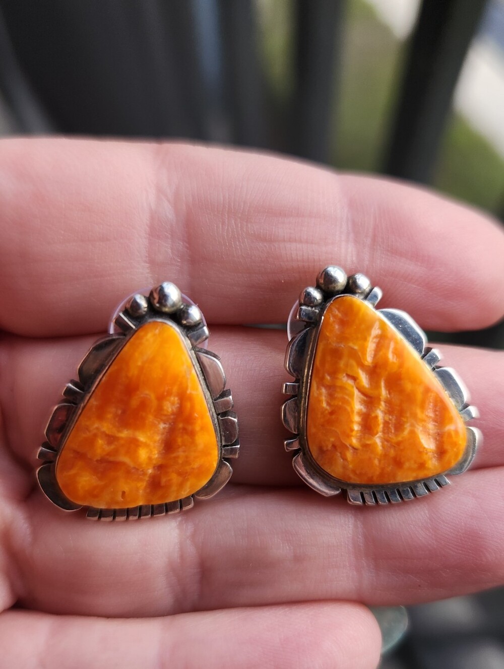 Handmade Sterling Silver 925 Native American Orange Spiny Oyster Shell Earrings